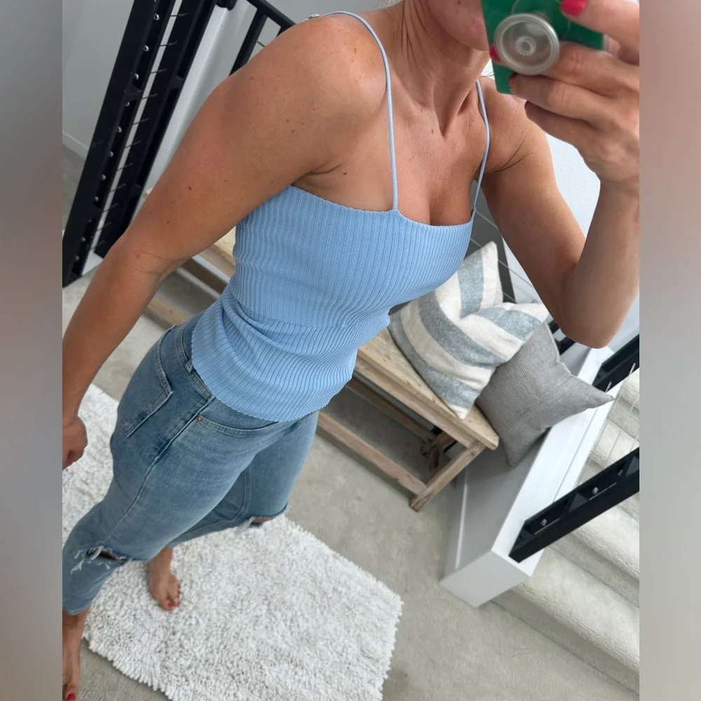 Franco Sarto Blue Ribbed Spaghetti Strap Tank Top | Size M - Picture 6 of 12